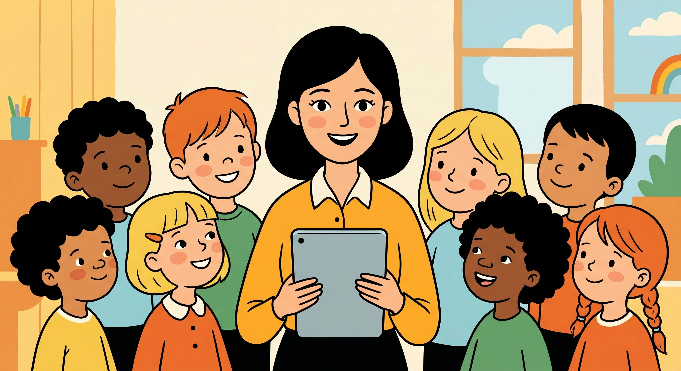 Erzieherin mit Tablet umringt von fröhlichen Kindern in der Kita